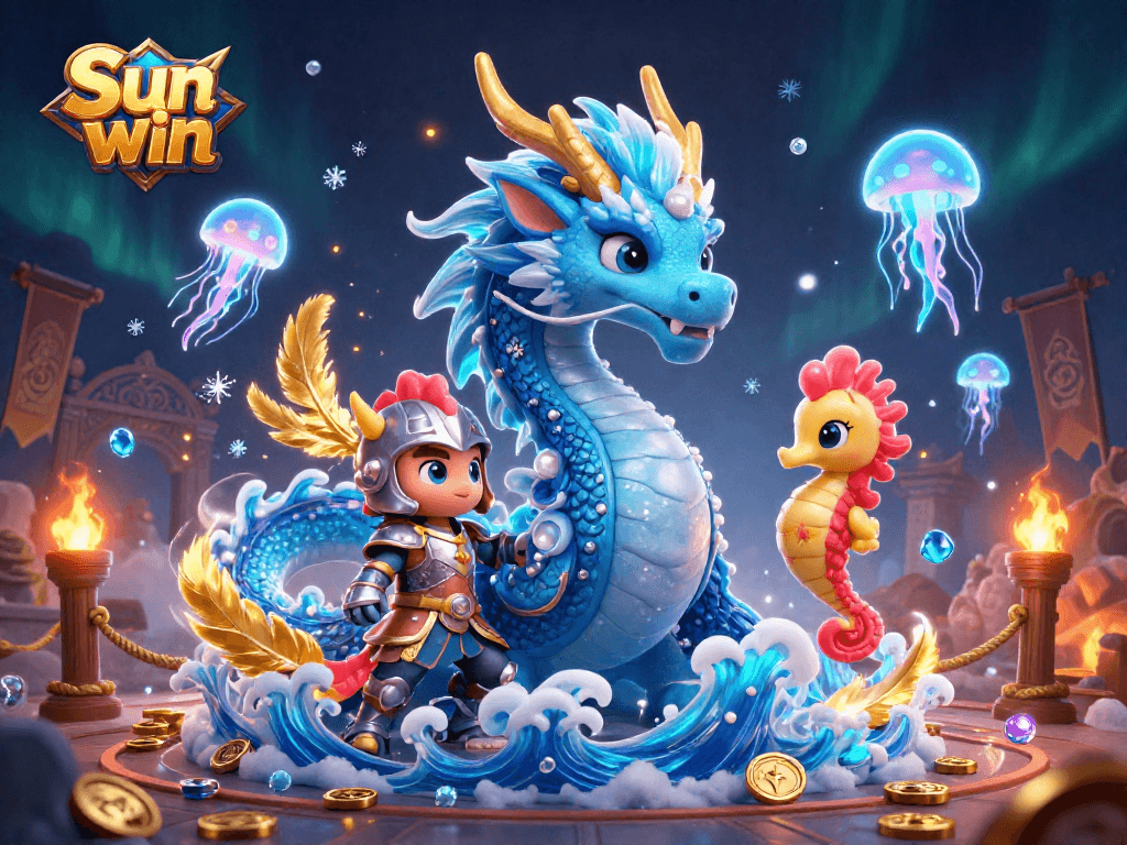 Experience the excitement of Sun win with immersive gaming elements featuring a dragon and seahorse warrior.