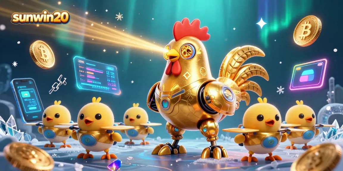 Experience sunwin20 with a dynamic 3D scene featuring a golden rooster robot and crypto elements.