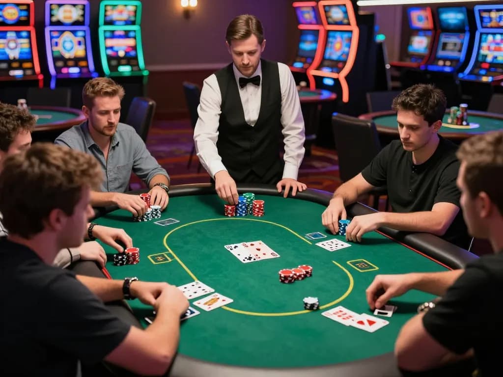8xbet players engaged in an intense poker game with chips and cards, showcasing strategy and excitement.