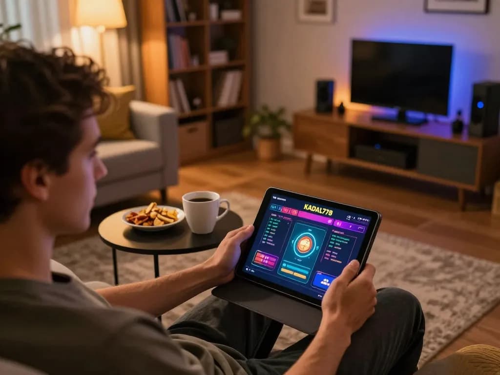 KADAL778 user betting on tablet in a cozy home setting, emphasizing responsible gaming.