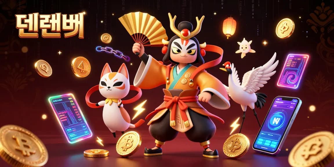 Engage with 텐텐벳 through an immersive 3D casino scene featuring a kabuki warrior and crypto elements.