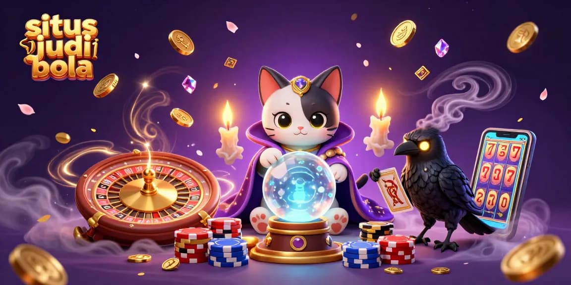 Experience the thrill of situs judi bola with a mystical cat fortune teller and glowing tarot raven.