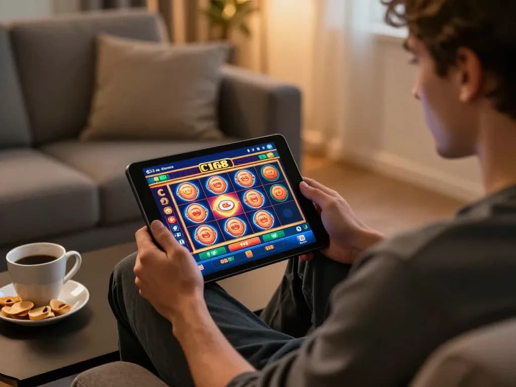 C168 online casino app interface displayed on a tablet during an engaging home gaming session.