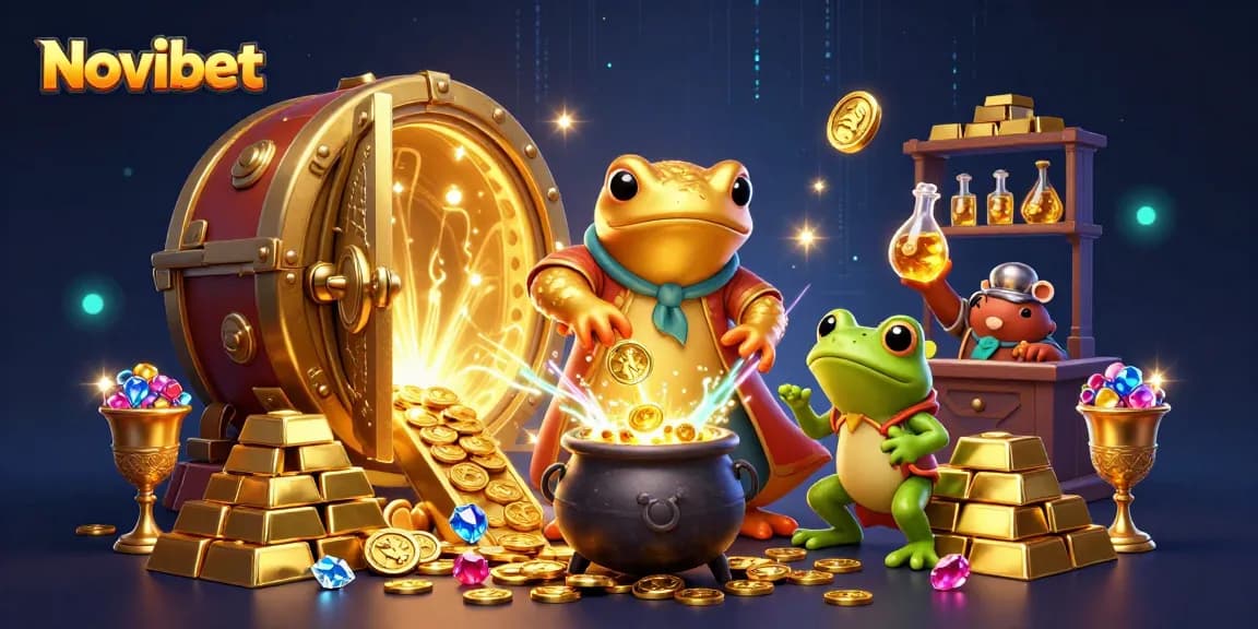 Experience thrilling gameplay at Novibet Casino with gold coins and gleaming treasures in a 3D illustration.