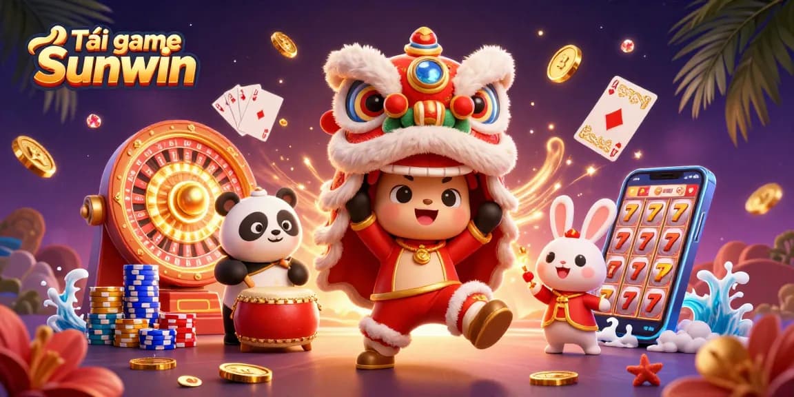Tải game Sunwin with a vibrant casino scene featuring a lion dance, coins, and poker elements