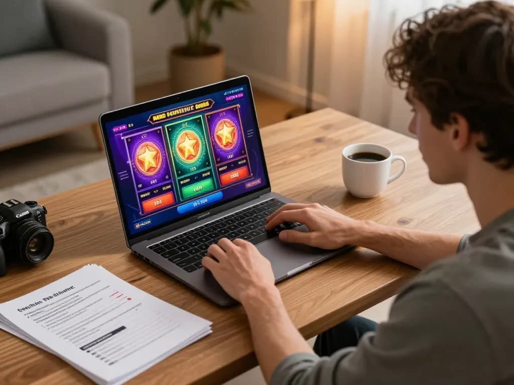 Engaged player at home enjoys online kdtoto slot game while tracking strategies.