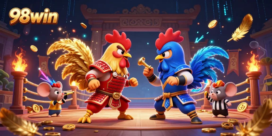 Experience thrilling action at 98win with twin fighting roosters in a vibrant gaming battle.