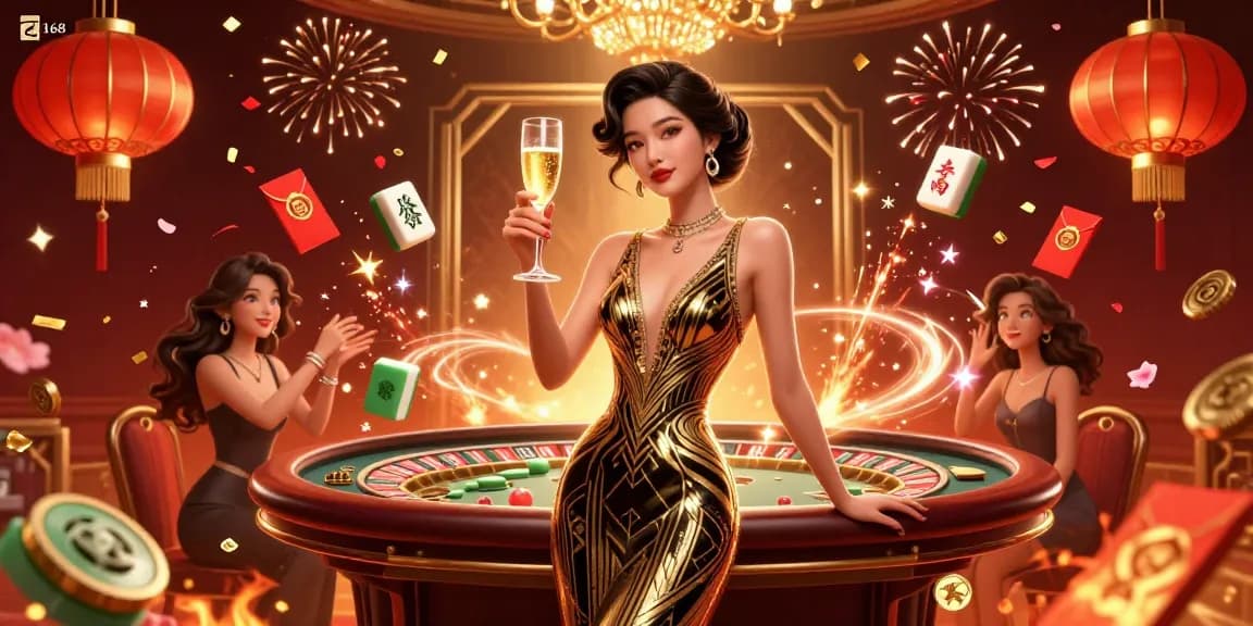 C168 highlights an elegant Asian woman at a vintage roulette table amidst glittering game elements, showcasing thrilling casino ambiance.