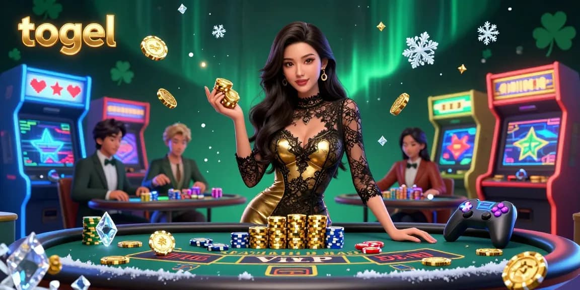 Engage with togel action through vibrant 3D illustration of a confident Asian woman at a luxury baccarat table.