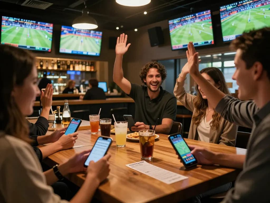 Engaged bettors exploring mposport opportunities at a lively sports betting bar.