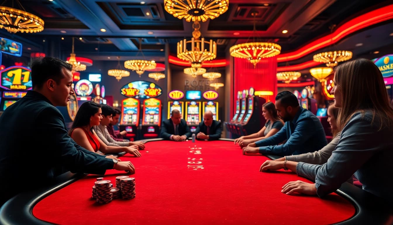 Experience excitement with 18vip娛樂 at a dynamic casino poker table full of players.