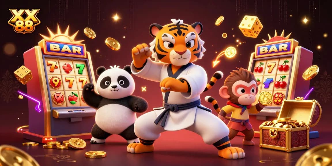 Experience excitement at XX 88 casino with whimsical characters and slot machines bursting with winnings.
