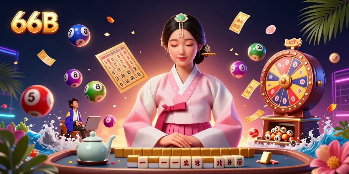 Experience the excitement of 66B with vibrant lottery elements and a serene Asian woman in traditional attire.