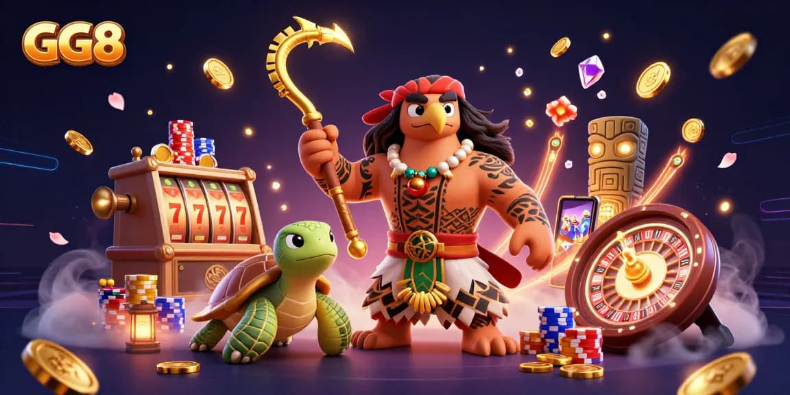 Engage with GG8 in an exciting casino adventure featuring cartoon characters, slot machines, and vibrant elements.