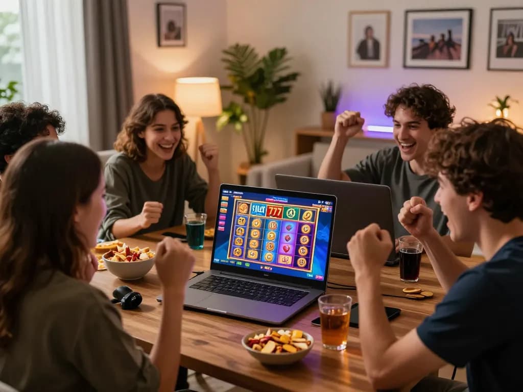Friends celebrating a win on kdslot game in cozy living room.