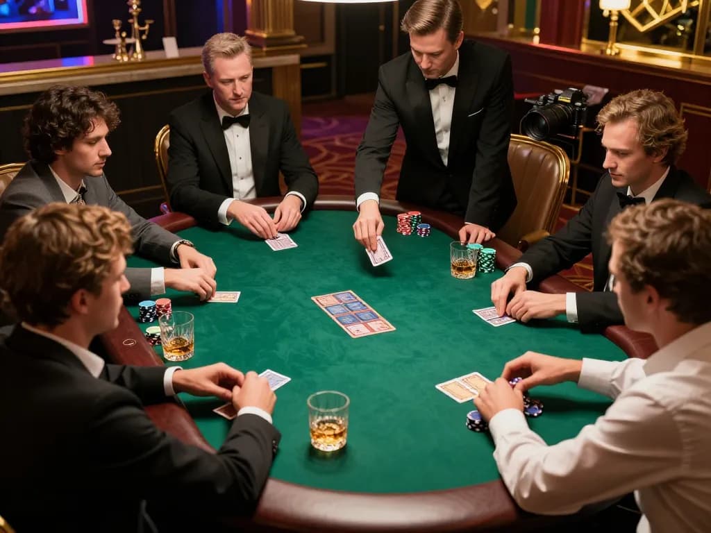Engaged players at an mpoid poker table strategizing with chips in a luxurious setting.