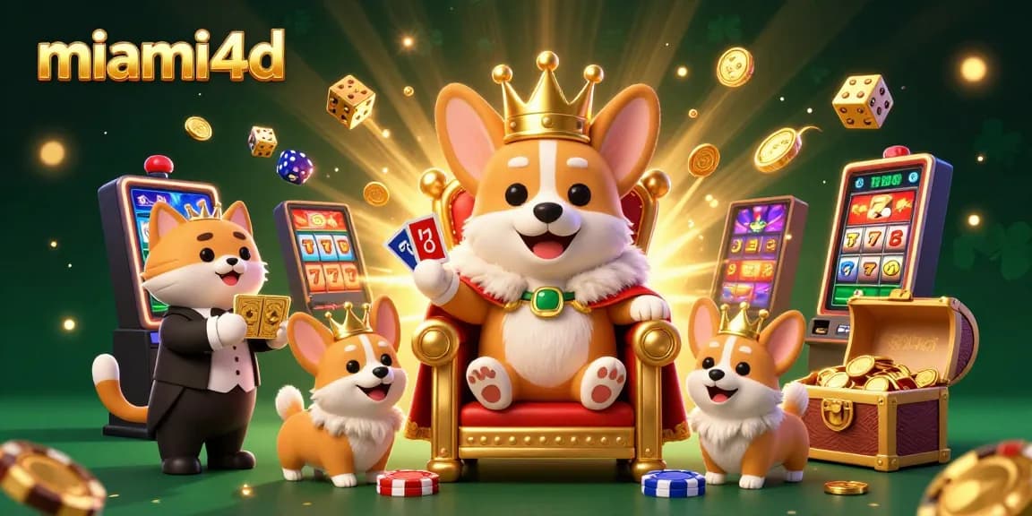 Experience the thrills of miami4d with a royal corgi on a jackpot throne of coins.