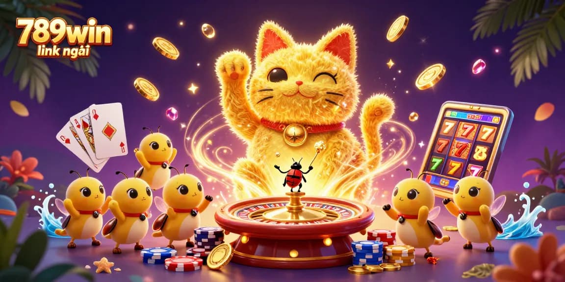Experience the excitement of 789win link mới with a vibrant 3D casino scene showcasing a lucky cat and dynamic game elements.