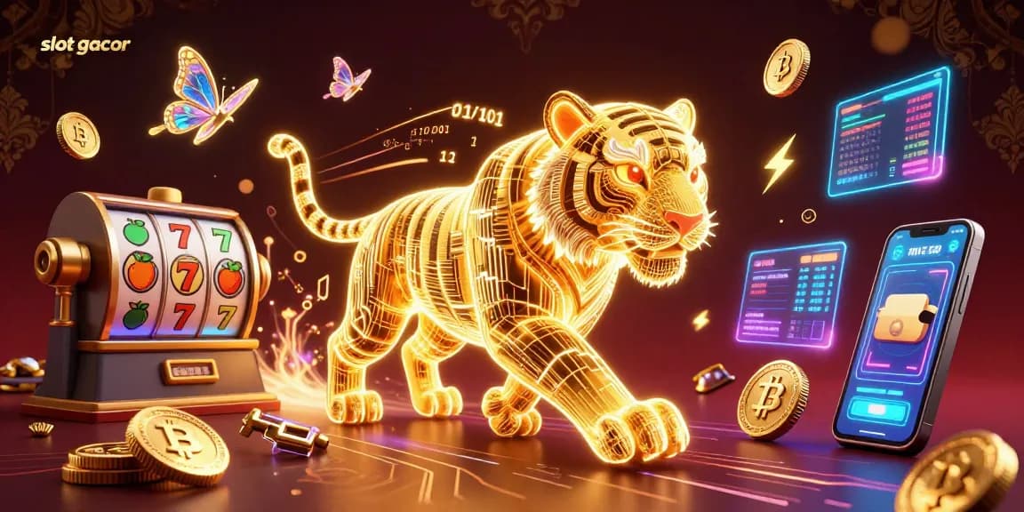 Engage in thrilling slot gacor gameplay with a dynamic scene featuring a golden tiger among crypto coins.