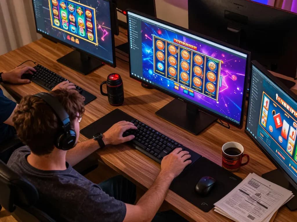 Engage with F8BET in an exciting online gaming setup at home, showcasing vibrant casino apps.