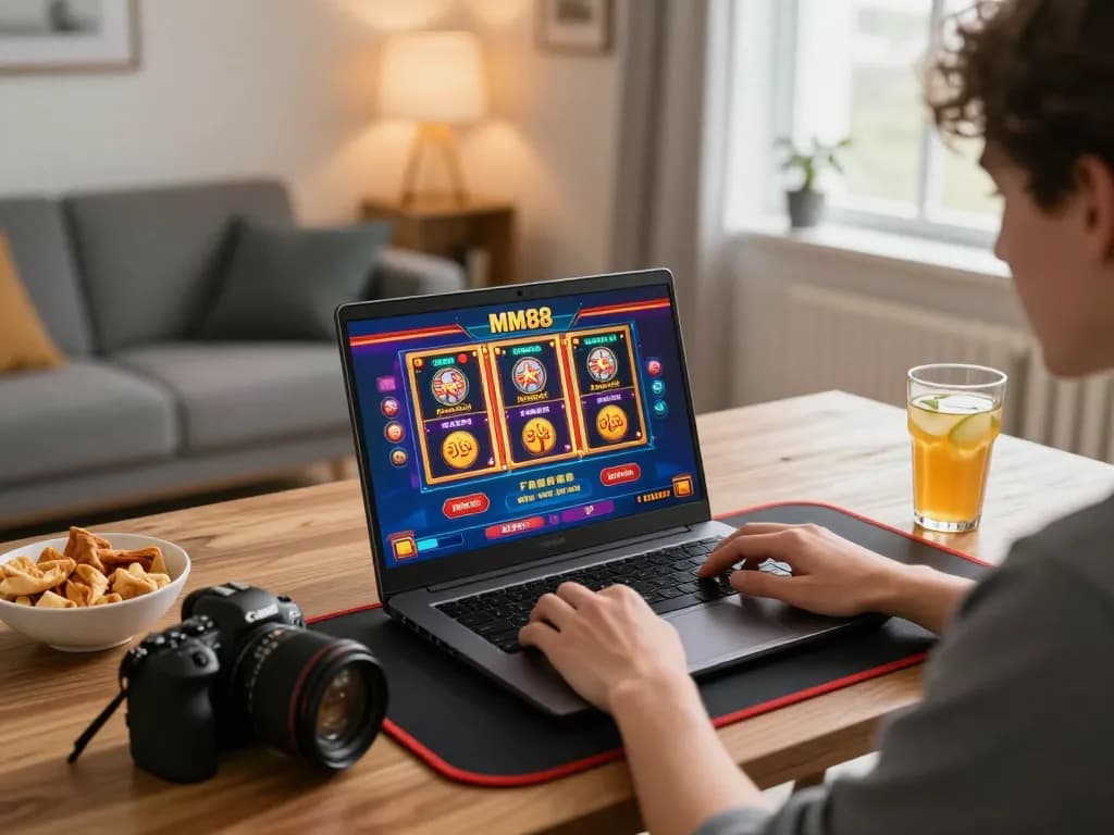 Engaging gameplay on MM88 casino platform as player spins the slots with snacks nearby.