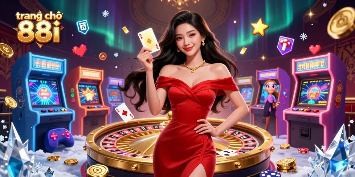 Experience the excitement at trang chủ 88i with a vibrant illustration of a casino scene showcasing a stunning woman holding playing cards.