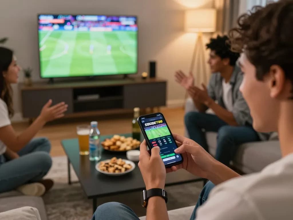 Antusiasme taruhan SBOBET88 bersama teman-teman di suasana rumah yang nyaman, acara olahraga yang semarak di TV, keterlibatan smartphone.