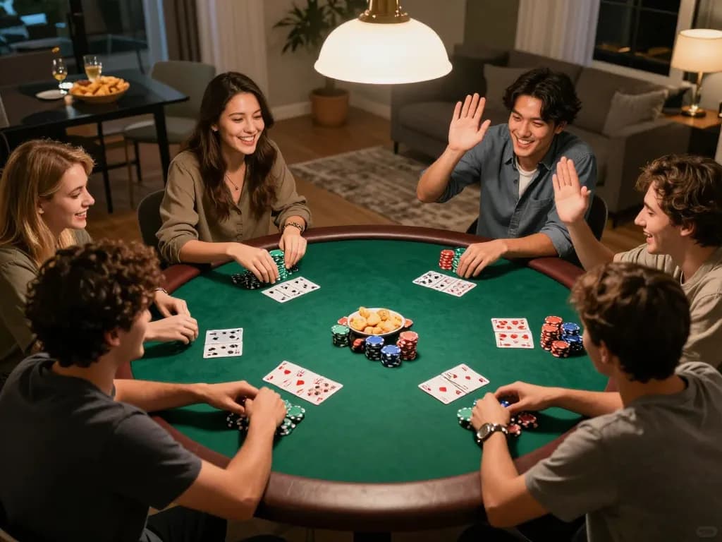 Players enjoying poker at home, engaging in fun gameplay, and strategizing together on hi88com