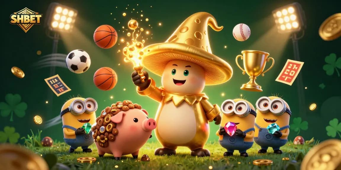 Experience magical betting adventures with SHBET's vibrant casino scene featuring dynamic 3D characters and game elements.