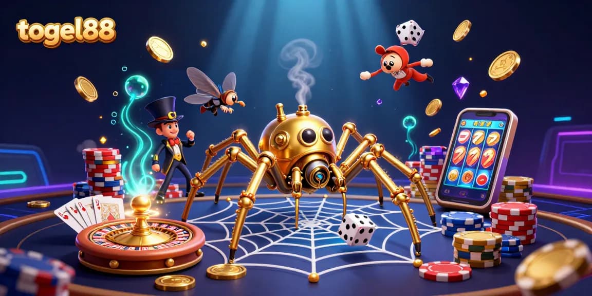 Engage in thrilling gameplay with togel88, featuring an enchanting golden spider in a dynamic casino web.