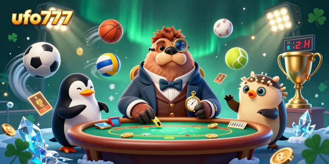 Engage in thrilling poker sessions at ufo777 with a jolly walrus, penguin dealer, and bluffing pufferfish!