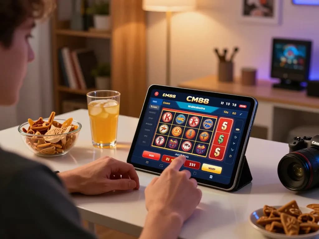 CM88 player engaging with an online casino app in a cozy home setting, focusing on dynamic gaming experience.