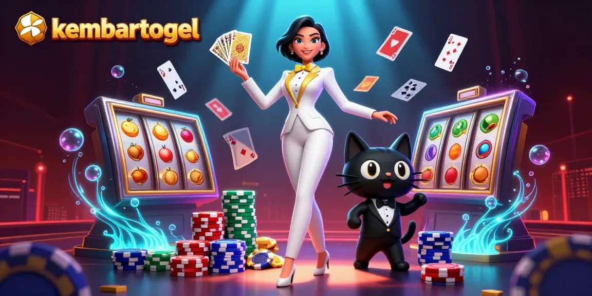 Kembartogel showcases a glamorous woman with cards and casino elements, emphasizing a lively gambling atmosphere.
