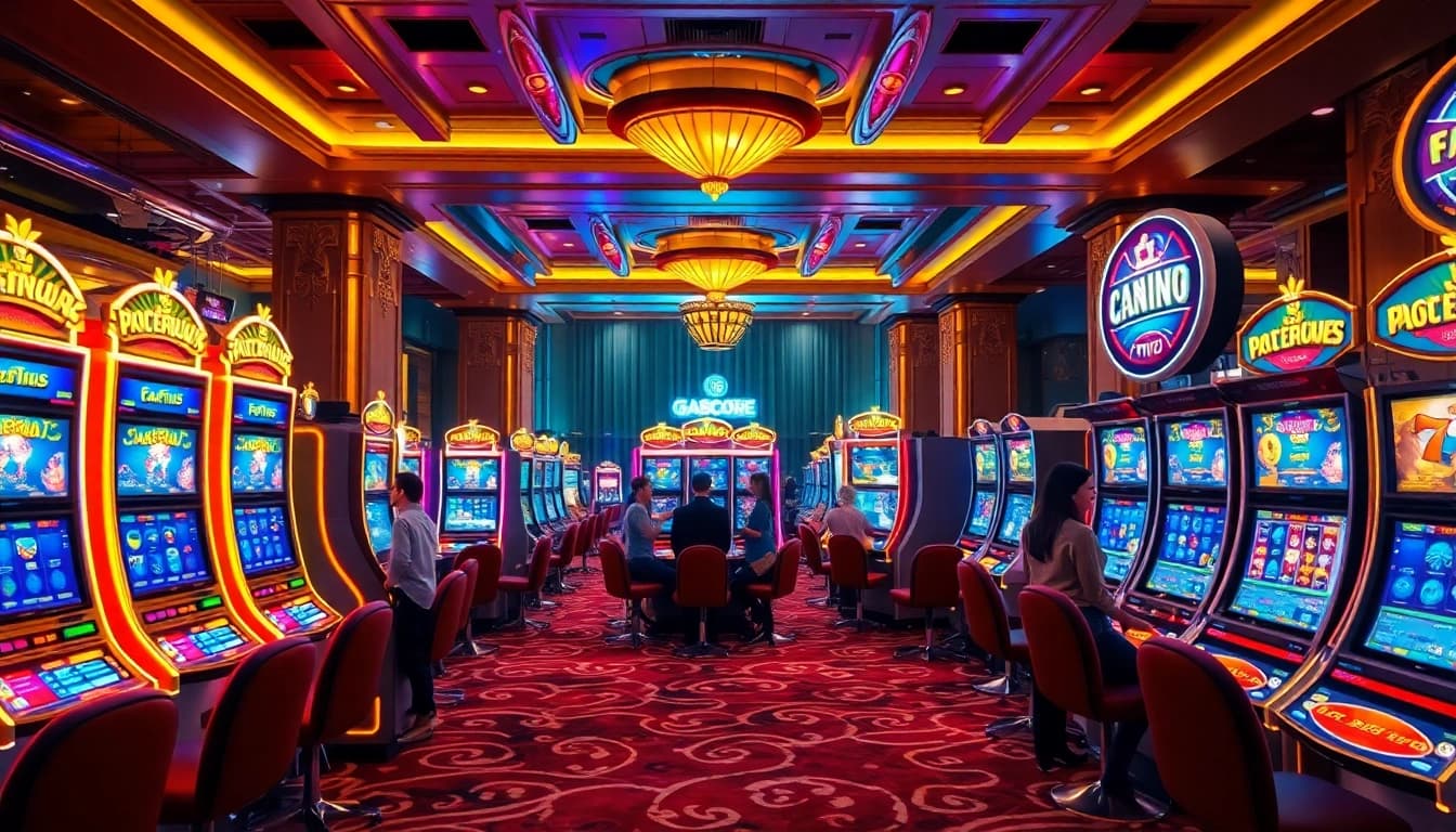Players engaging with slot gacor machines in a luxurious casino, showcasing excitement and vibrant lights.