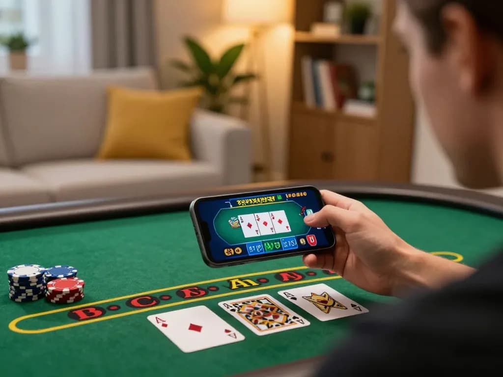 Hubet mobile gaming scene showing user engaged in live blackjack gameplay on phone.