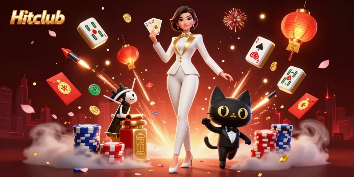 Hitclub showcases a glamorous casino scene featuring a woman shuffling cards and a tuxedo cat.