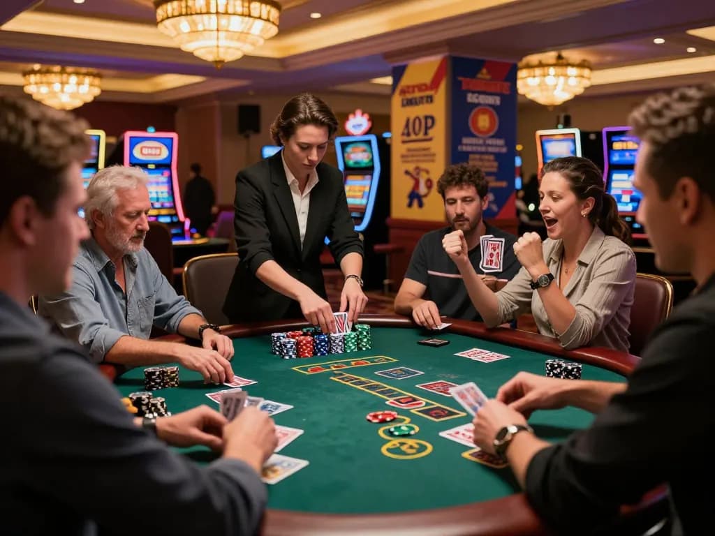 Engaged players strategizing their next move at open888 blackjack table, vibrant casino atmosphere.