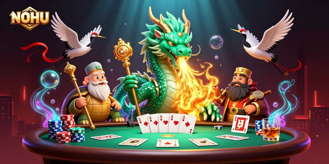 Experience excitement at NOHU with a vibrant poker scene featuring a jade dragon and colorful chips.