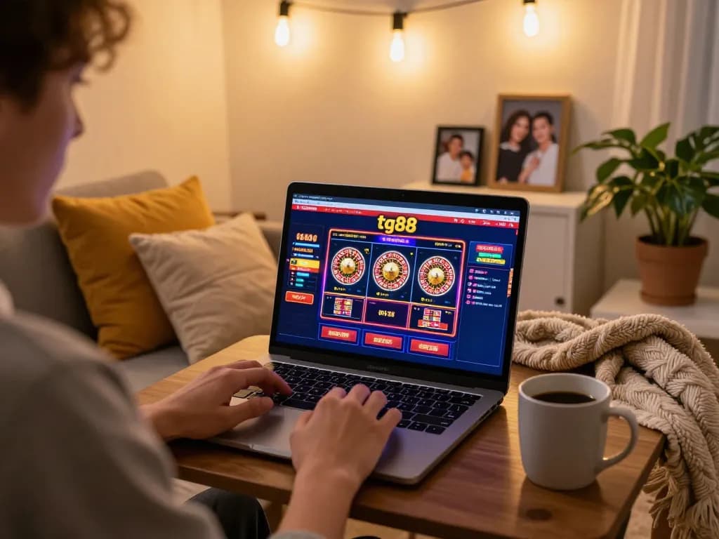 Player enjoying tg88 online casino gaming on laptop in a cozy home setting.
