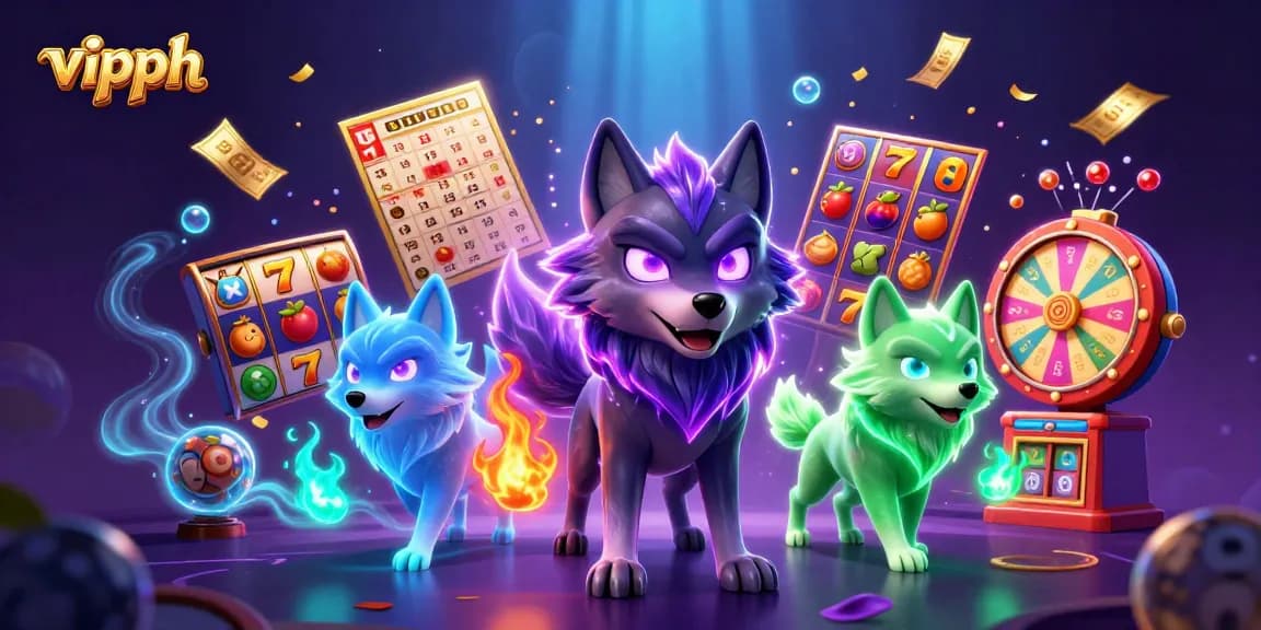 Engage in VIPPH gaming action with vibrant slot reels and a dynamic wolf pack illustration.