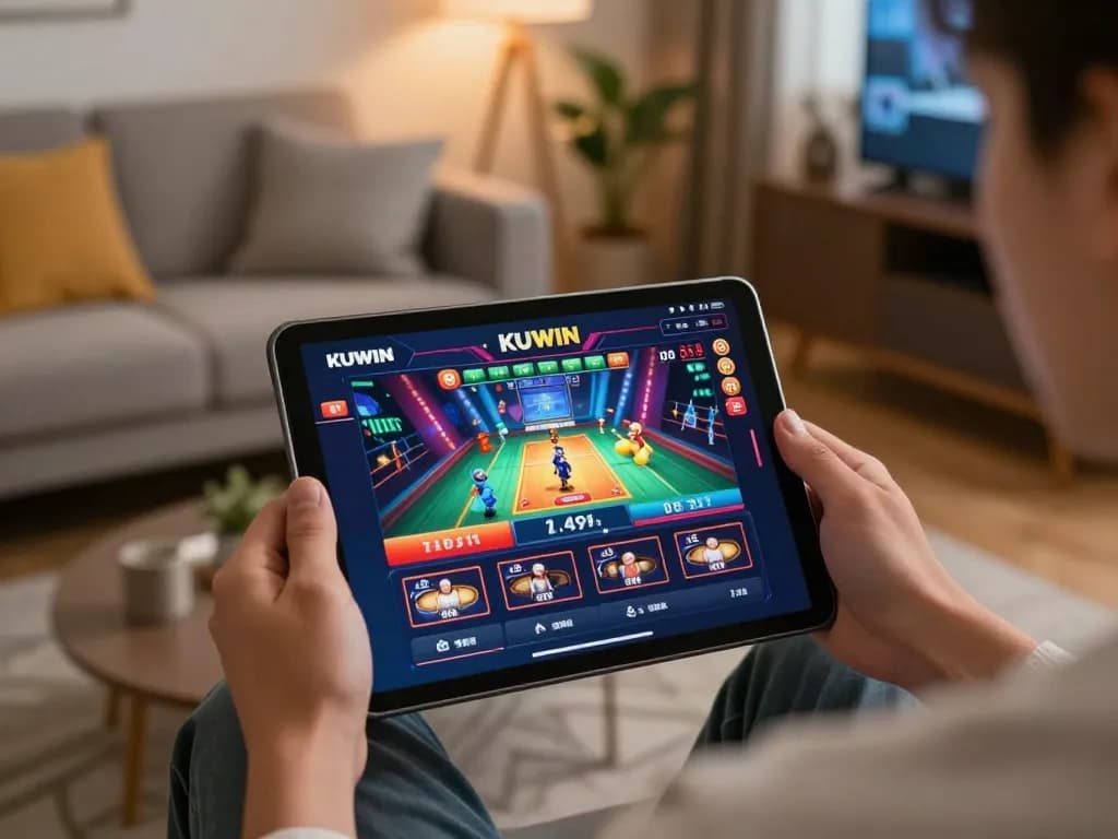 Kuwin player enjoying online gaming experience with tablet and engaging visuals of casino app.