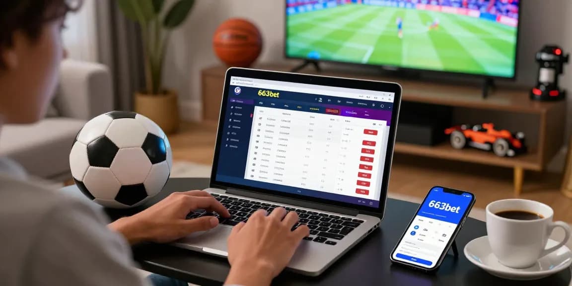Experience the excitement of online betting with 663bet, showcasing a laptop and sports memorabilia in a lively home setting.
