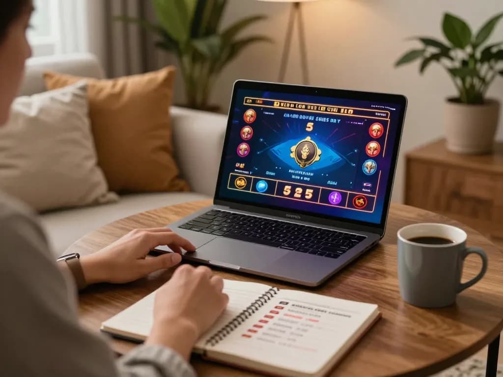 Engaged player enjoying Canada online casinos on a laptop in a cozy home setting with strategic notes.