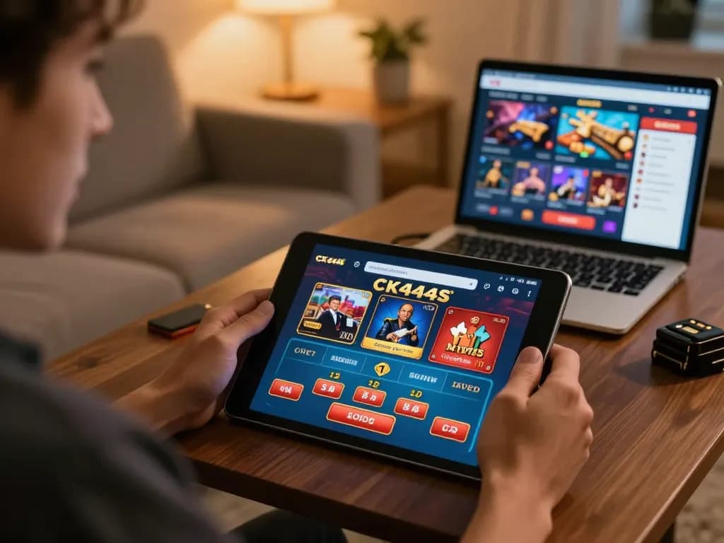 Player using CK444s app for online casino gaming on tablet in a cozy home setting