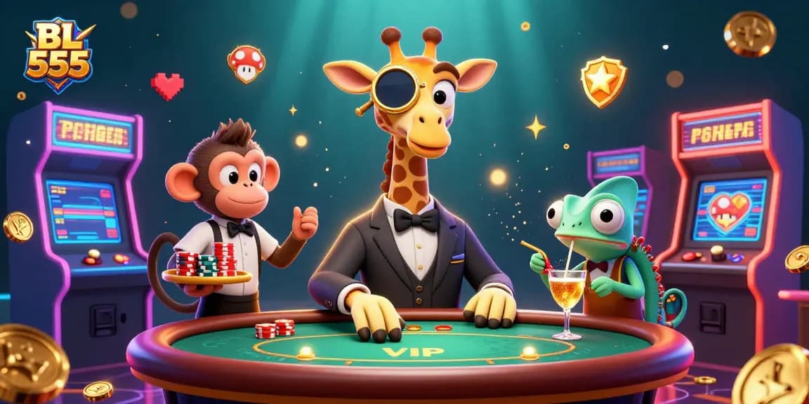Engage with thrilling gaming at BL 555 with high-roller giraffe, monkey valet, and vibrant casino elements.
