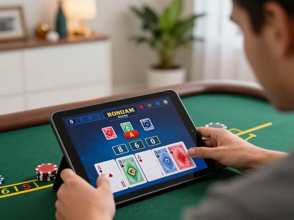 Player enjoying live dealer blackjack on tablet, showcasing immersive fly 88 gaming experience at home