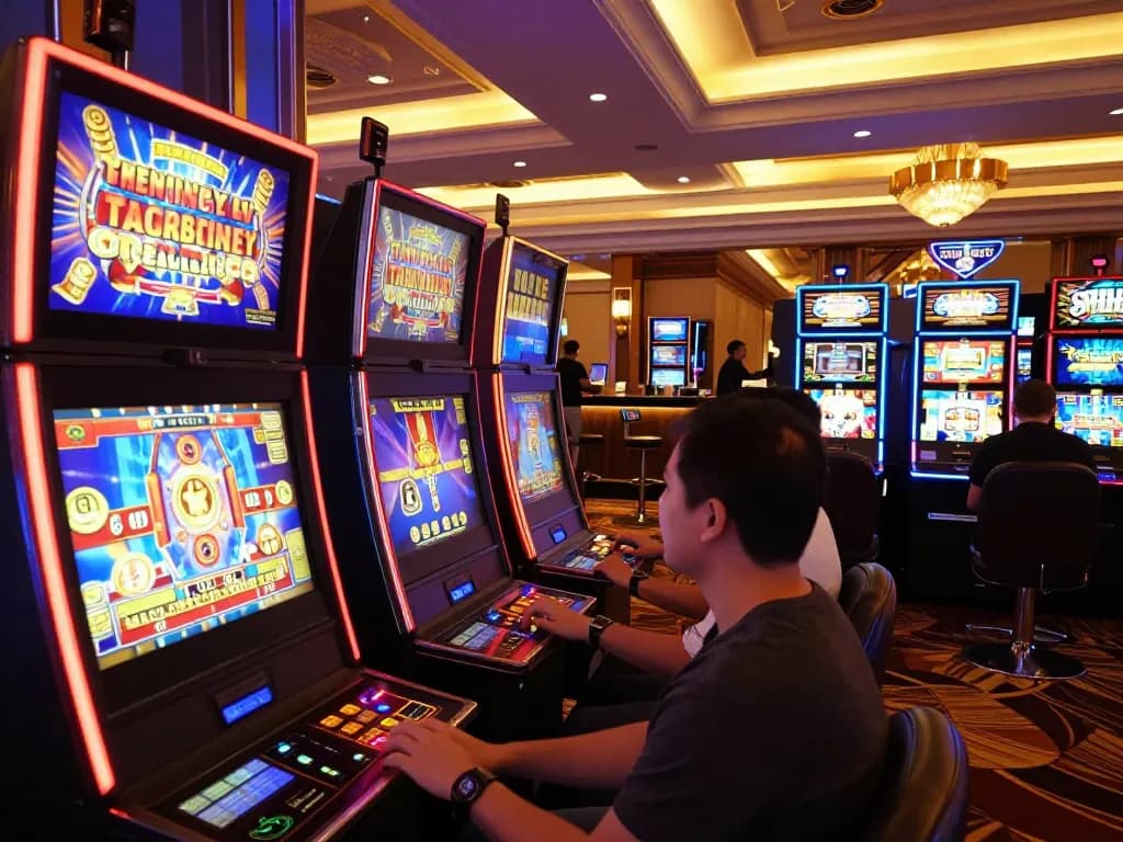 SLOT99 players enjoying vibrant slot machines with colorful displays and celebratory wins.