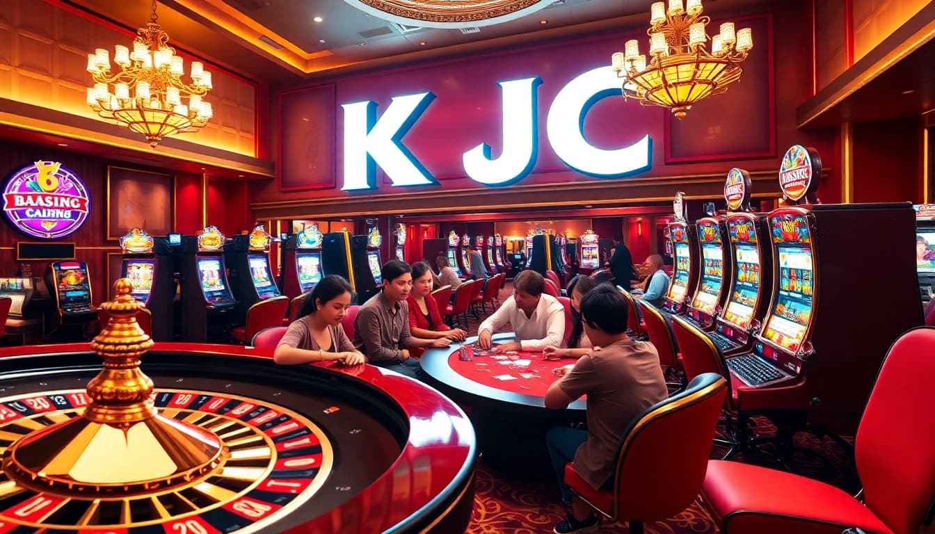 KJC gamers enjoying an exciting casino experience at a luxurious poker table with roulette and slot machines.