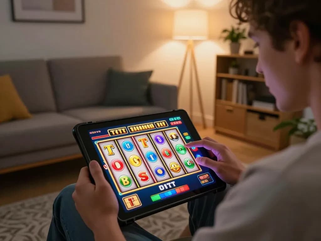 Bermain permainan toto slot yang mendebarkan di tablet dalam suasana ruang tamu yang nyaman