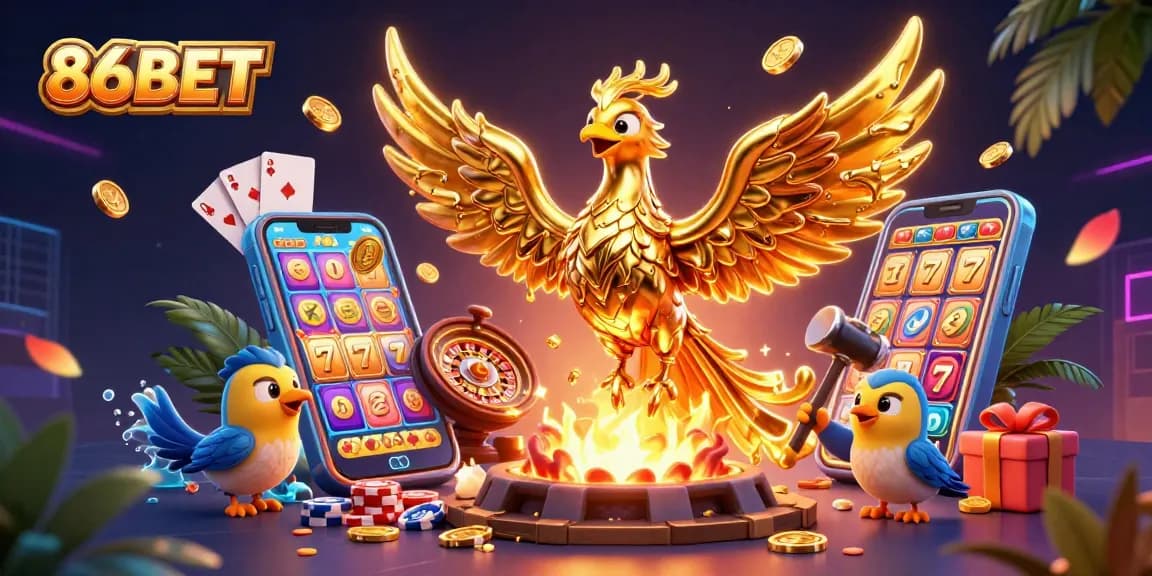 Experience thrilling gameplay with 86BET, featuring golden coins and vibrant slot games in action.